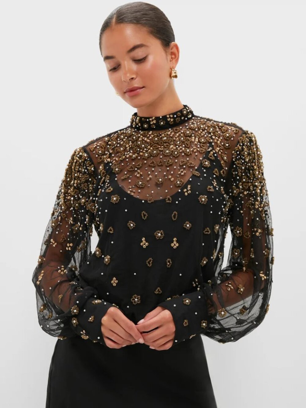 Farm Rio Embroidered Bubble Tulle Black Blouse Size M | NWT | MSRP $348 - Picture 4 of 5